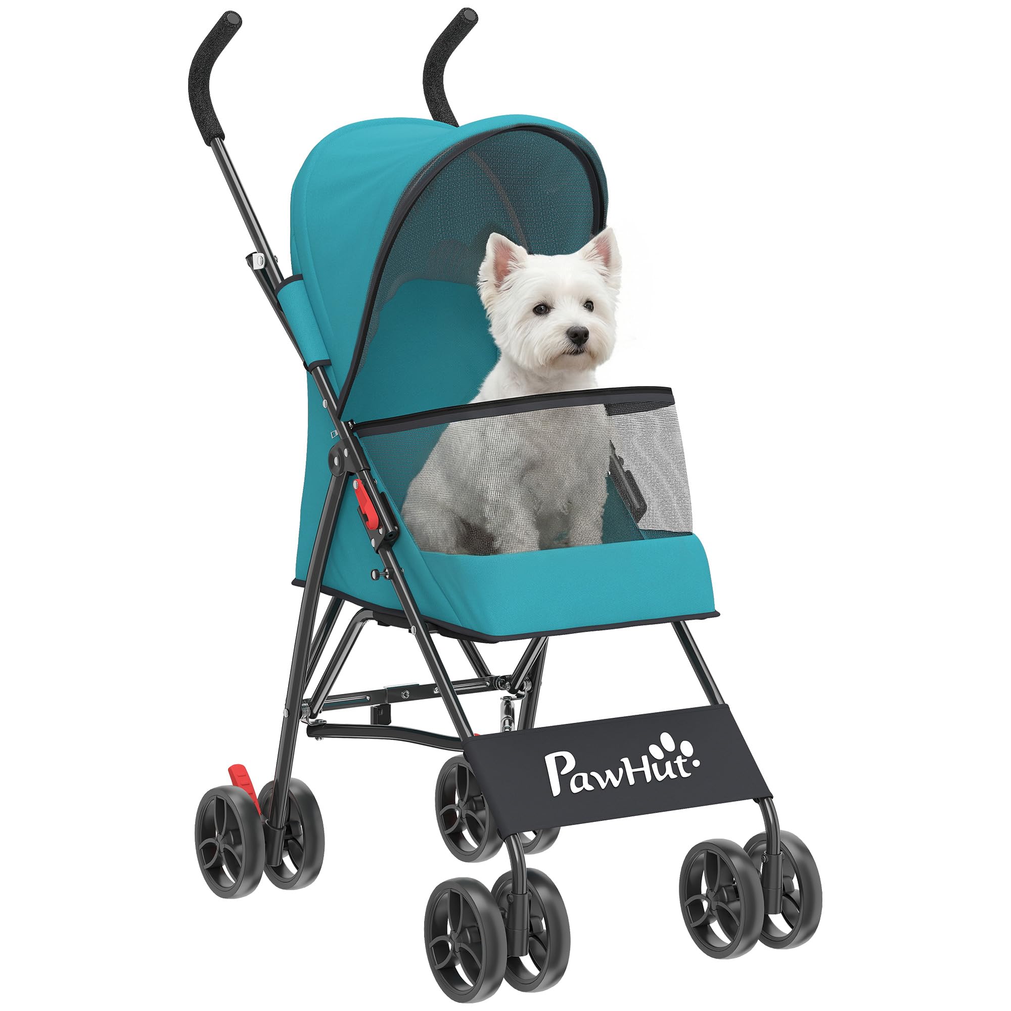 PawHut Dog Stroller, Foldable Pet Pram for Miniature Breeds, Cat Dog Stroller with Canopy, 360° Swivel EVA Wheels, Mesh Windows, Brake, Dark Green