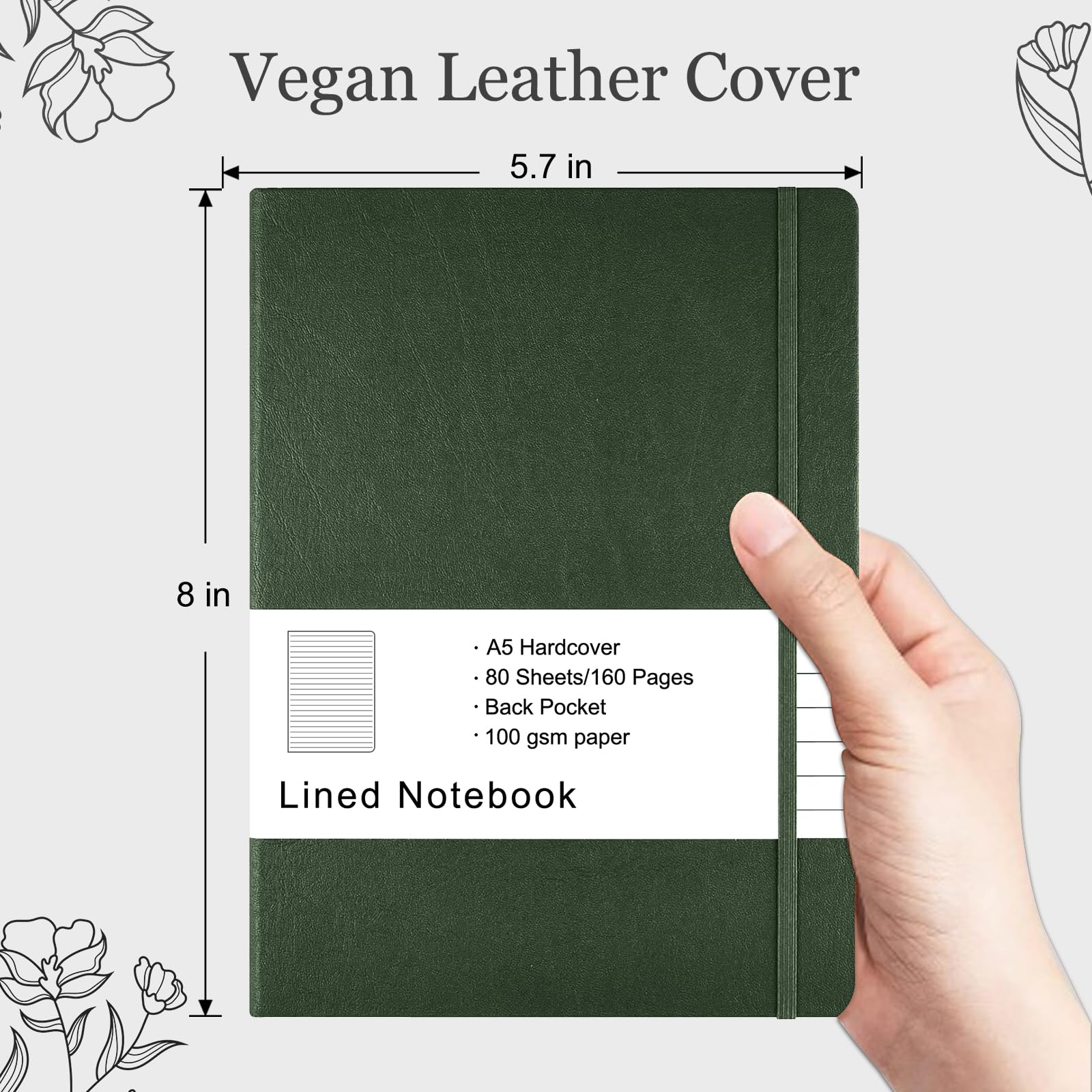 HAO&Q A5 liniertes Tagebuch, Notizbuch für Damen und Herren, 160 Seiten, 100 g/m² dickes Papier, 14,5 x 20,3 cm, Hardcover-Notizbuch mit Stiftschlaufe (grün)