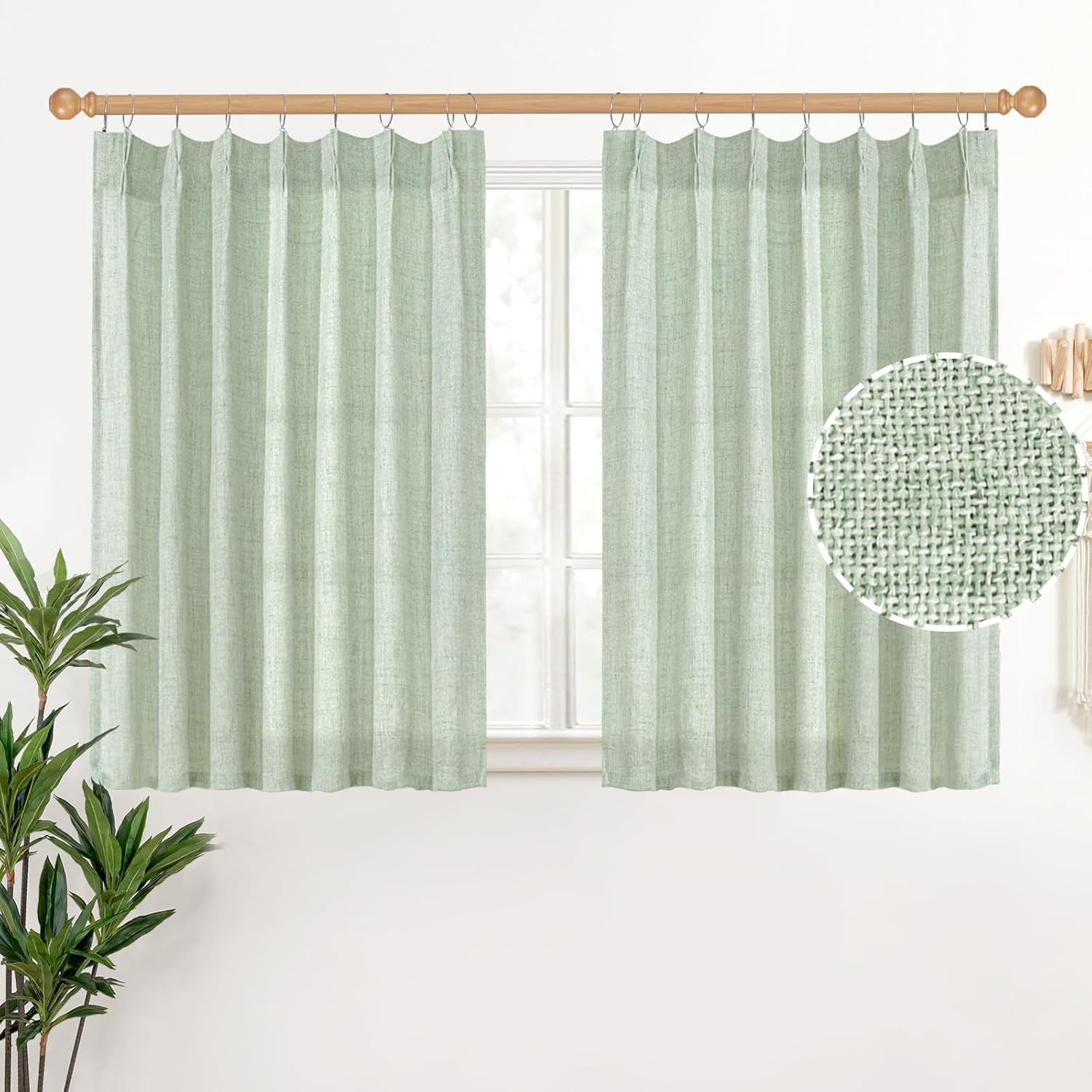 YoungsTex Sage Geen Kitchen Linen Curtains 36 Inch Length, Light Filtering Short Burlap Textured Drapes for Cafe Bathroom Small Window Rustic Country with Pinch Pleated, 2 Panels, 40 X 36 Inch 40"W x 36"L (Pack of 2) Pleated-light Sage