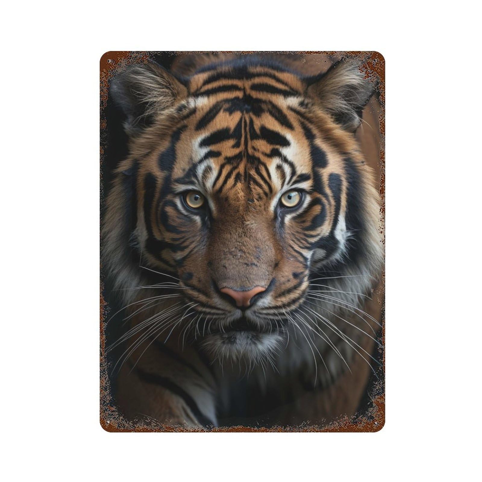 Distressed Metal Wall Sign with Cool Tiger Portrait Design 15.7"x11.8", for Living Room, Hallway And Home Decor, Vintage Wall Decor