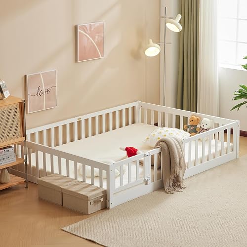Montessori Lit d'enfant Lit au Sol 90x200 cm (Blanc) LEADZM