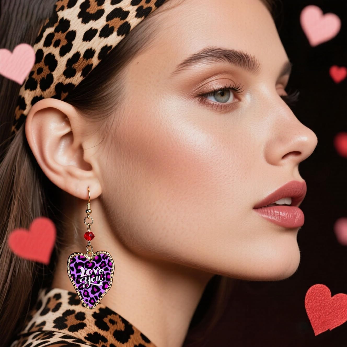 Valentines Love Heart Earrings for Women Leopard Print Love Heart Dangle Earring Vintage Leopard Print Earring Valentines Outfits Birthday Valentine's Day Accessories Jewelry Gift for Women - Image 3