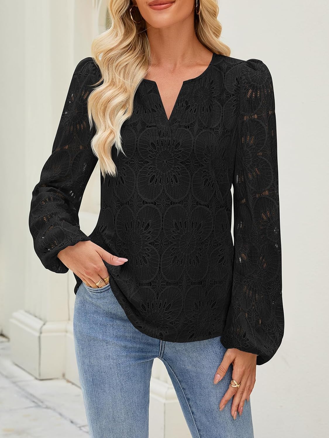 MEROKEETY Women's Eyelet Long Sleeve Shirts Tops Dressy Casual Fall Trendy Flower Lace Boho Crochet Blouses - Image 2