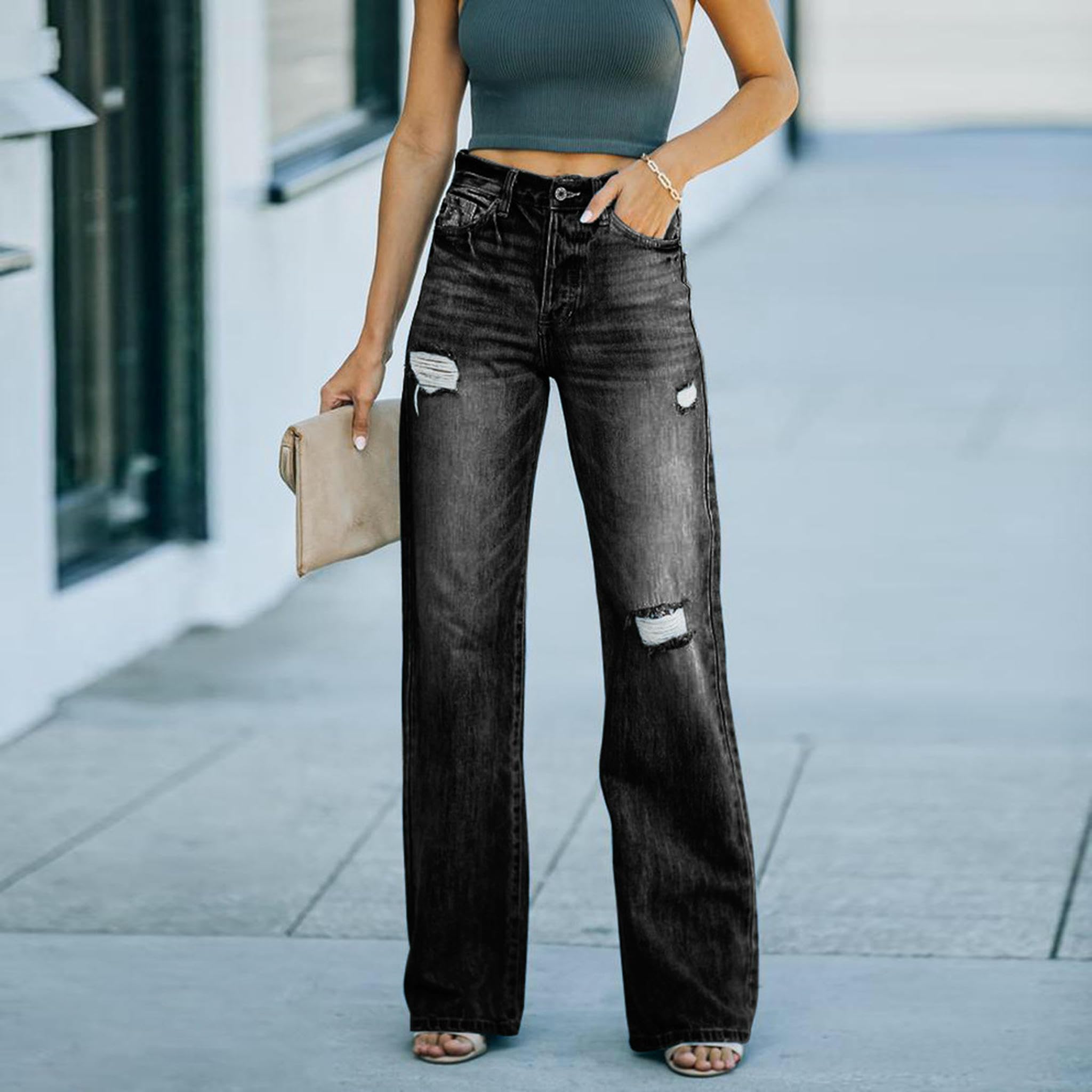 Jeans da Donna La Festa di A Gamba Strappata Primavera Ed Estate -Nero-s