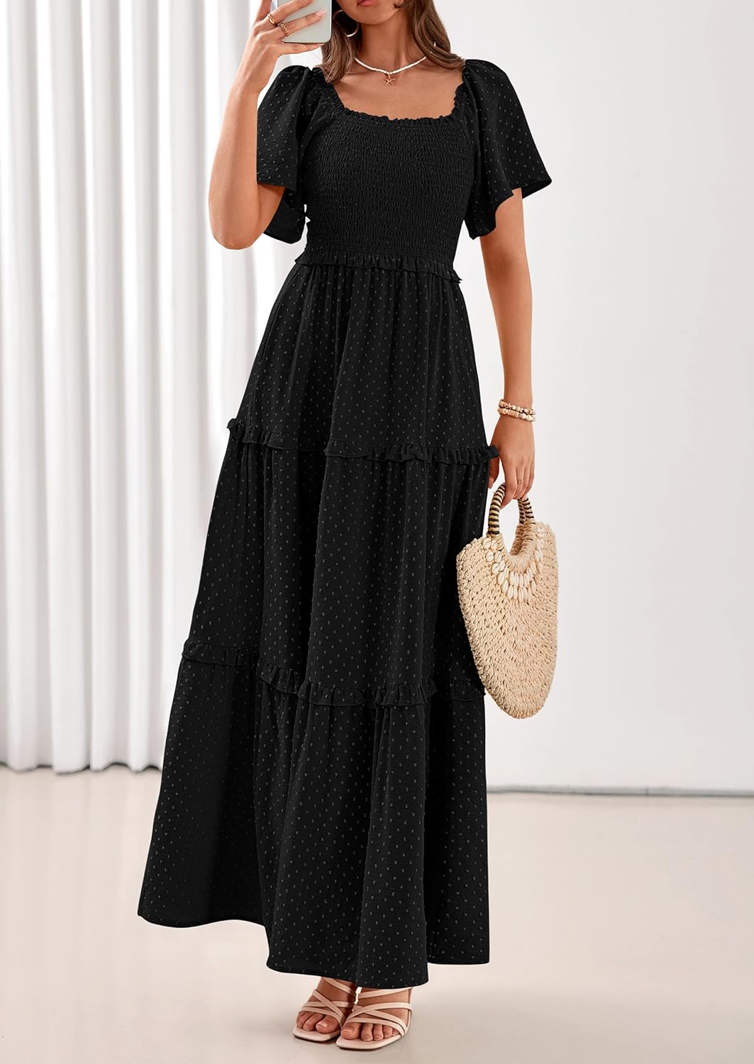 PRETTYGARDEN Summer Dresses for Women 2026 Boho Swiss Dot Smocked Square Neck Short Sleeve Spring Wedding Guest Maxi Dress - Image 5