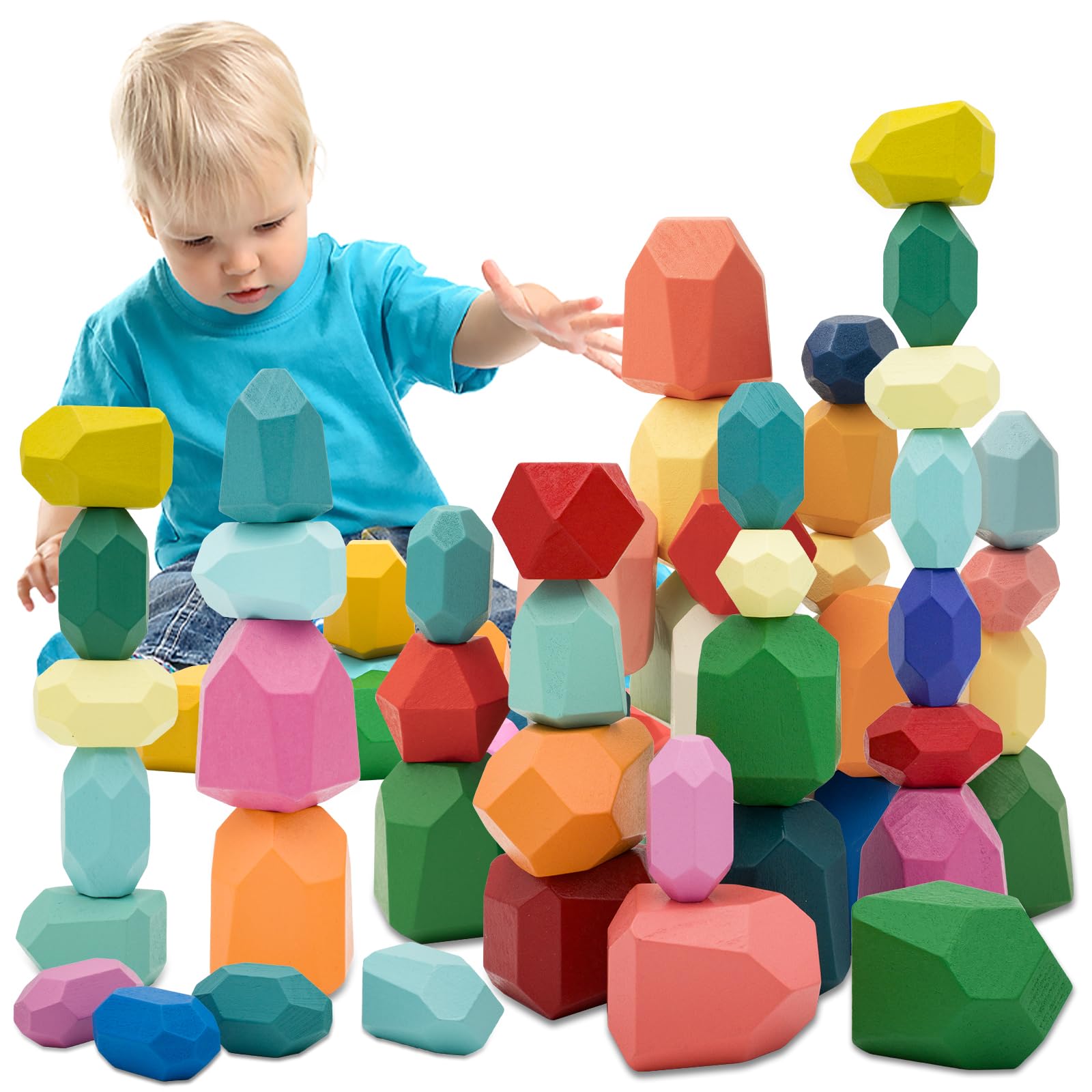 RunHero 39 Stück Stapelsteine Balanciersteine Montessori Holz Bauklötze Spielzeug für Kinder Stapelturm Grimms Holzbausteine Stapelsteine Motorikspielzeug Geschenk für Baby ab 3+ Jahr