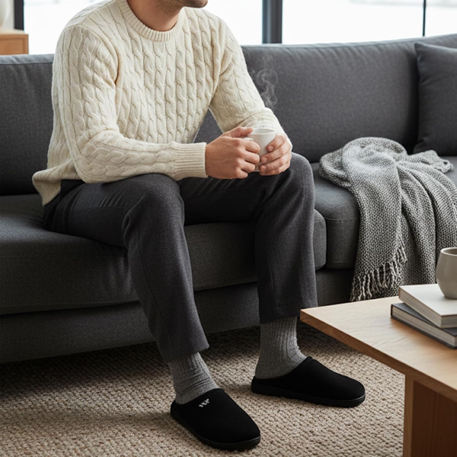 Mens Memory Foam Slippers Slip On Warm Shoes House Shoes Indoor Outdoor - Image 2