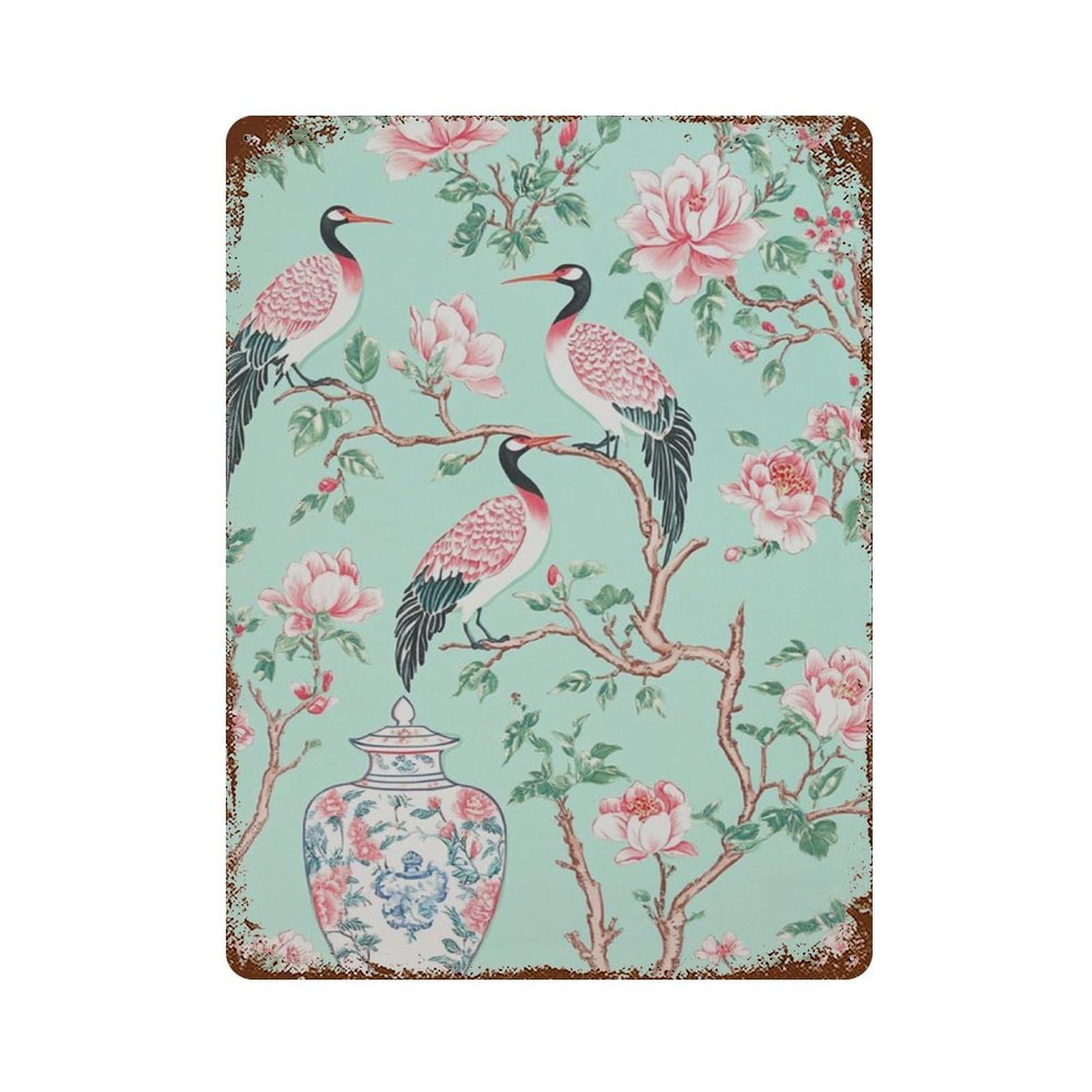 xiaoxiaoshen Chinoiserie Crane Magnolia Floral Elegant Bird And Vase Work Asian Style Botanic Wall Decor Art Metal Tin Poster Modern Home Decor Art Home Bar Shop Decorations Vintage Sign 40x30cm