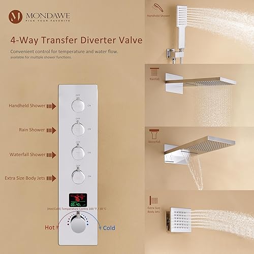 Miniatura 3 de Sistema de ducha de lluvia de 22 pulgadas con pantalla digital de temperatura LED, sistema de ducha montado en la pared con chorros corporales,