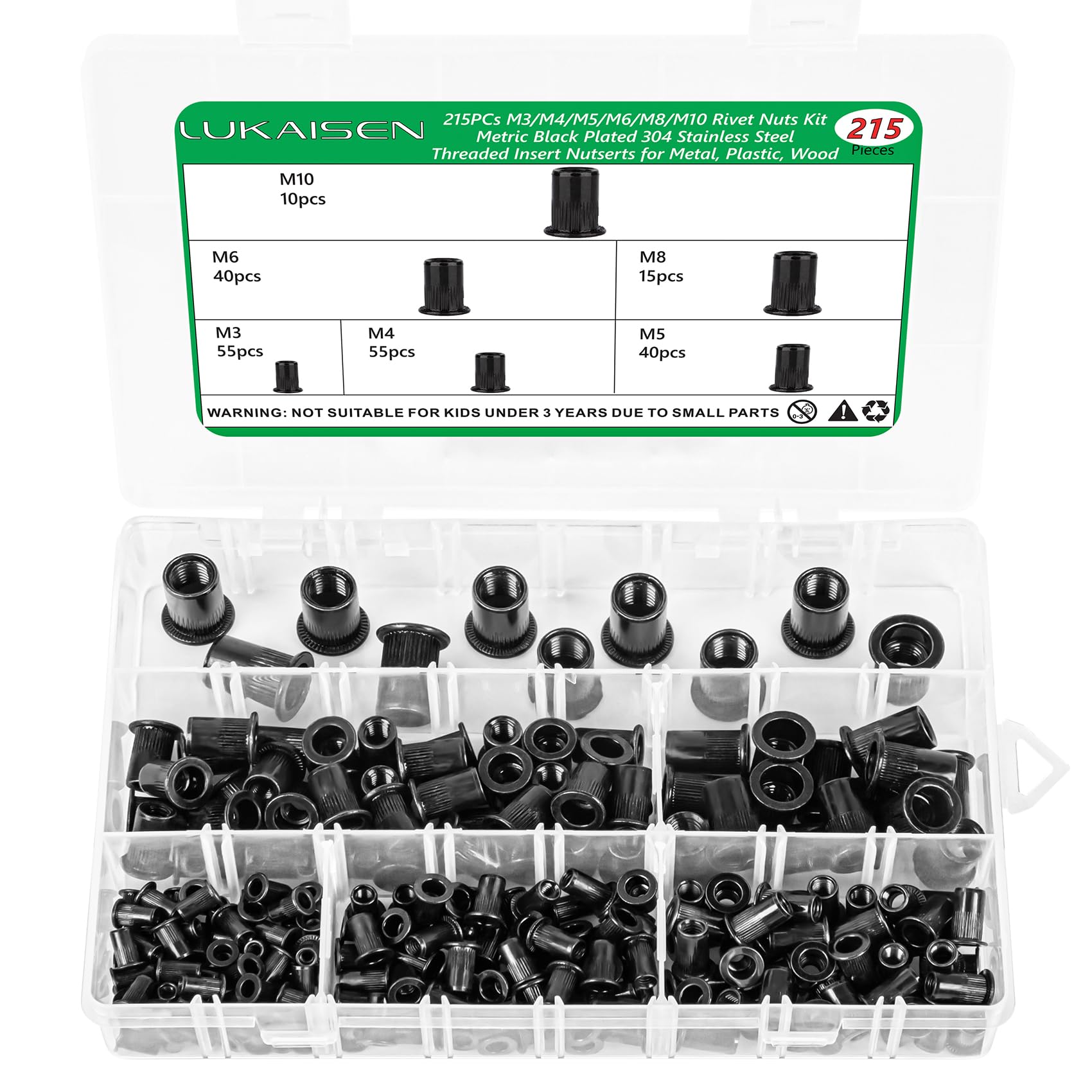 Lukaisen 215Pcs 304 Stainless Steel Black Rivet Nut Kit, M3 M4 M5 M6 M8 M10 Metric Threaded Inserts, Flat Head Rivnuts Nutsert Assortment Set for Automotive, Furniture, DIY and Metalwork