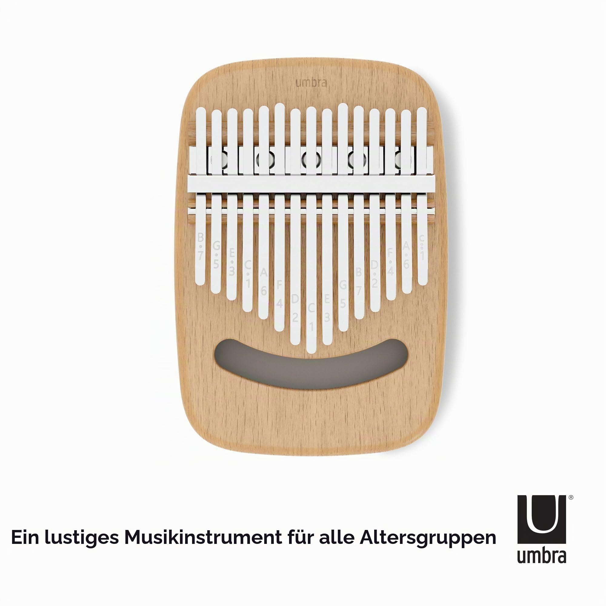 Umbra Strumba Kalimba Daumenklavier, 15 Tasten, Weiss/Natur | Birkenholz, abgerundete Ecken, integrierte Ablage, tragbares Design, recyceltes Material