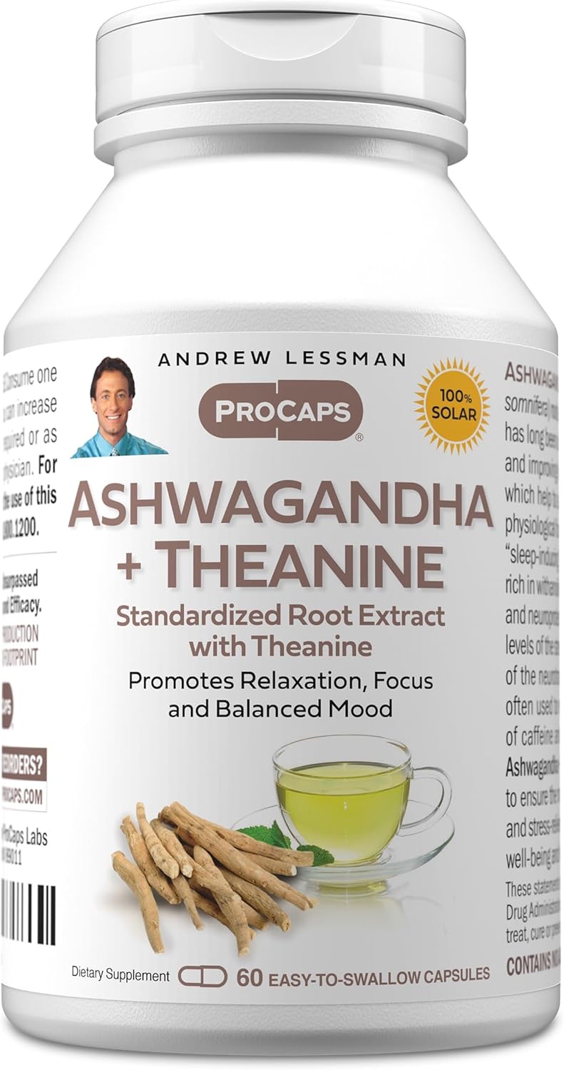 ANDREW LESSMAN Ashwagandha + Theanine 60 Capsules – Standardized Extract. Promotes Relaxation, Focus and Balanced Mood. Small Easy to Swallow Capsules