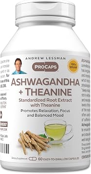 ANDREW LESSMAN Ashwagandha + Theanine 60 Capsules - Standardized Extract. Promotes Relaxation, Focus and Balanced Mood. Small Easy to Swallow Capsules