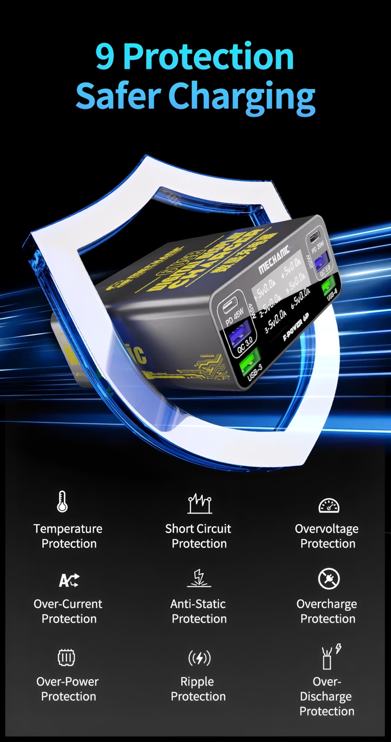 Cargador Multi-Puerto con Pantalla Digital MECHANIC F-Power 6P/6s/6 40W-87W QC PD Carga Rápida Cargador de Alta Potencia para Reparación de Teléfonos (6P 87w)