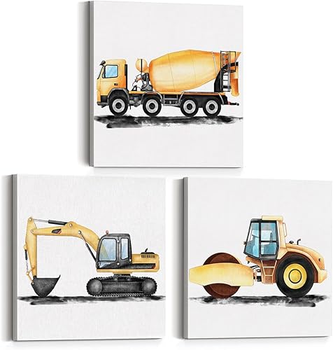 Miniatura 1 de Juego de 3 lienzos artísticos de construcción de vehículos de guardería, pinturas enmarcadas, impresiones de acuarela, camión volquete, tractor,