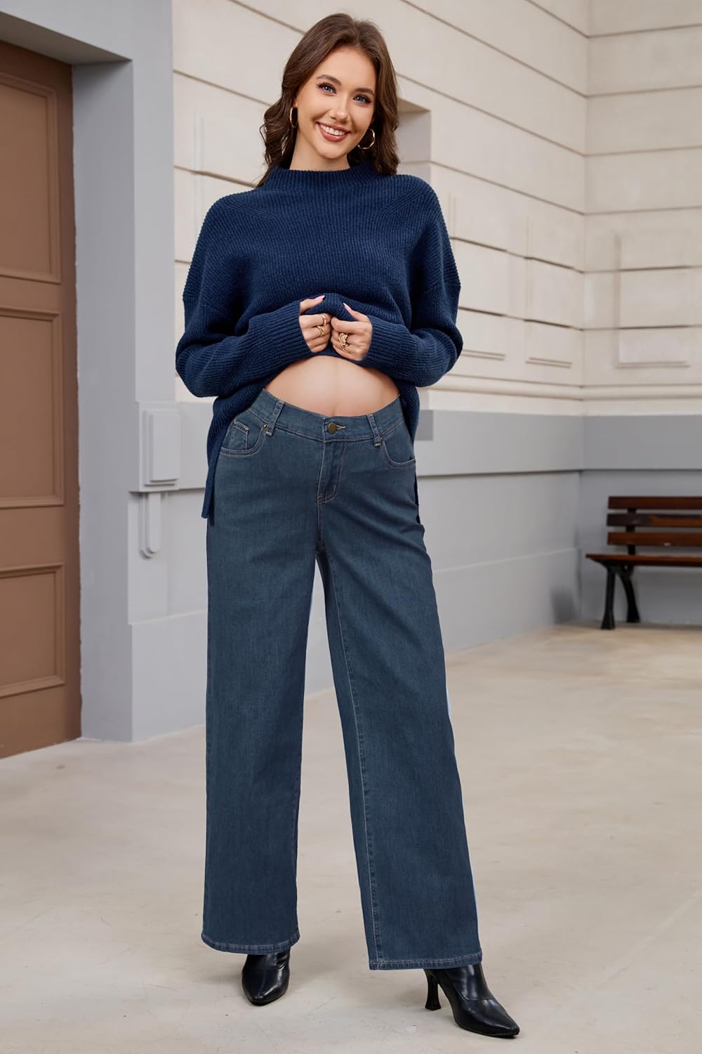 OUGES Womens Adjustable Waistband Cotton Blend Stretchy Maternity Jeans Loose Fit Straight Leg Denim Wide Leg Work Pants - Image 4