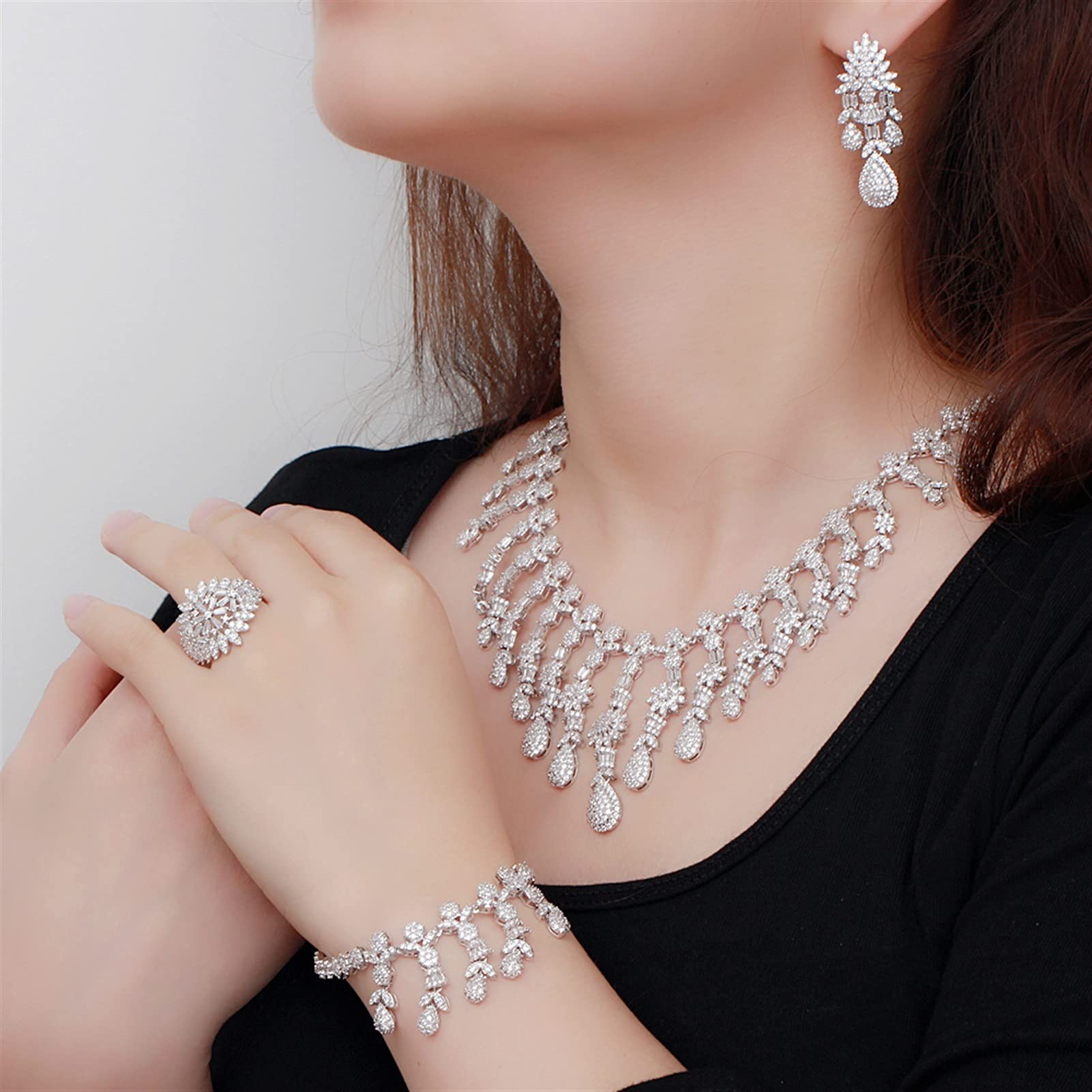 Joyería 4 Uds. Conjunto de joyería Grande de Boda para Mujer de Color Oro Blanco para Novias Ropa de Fiesta