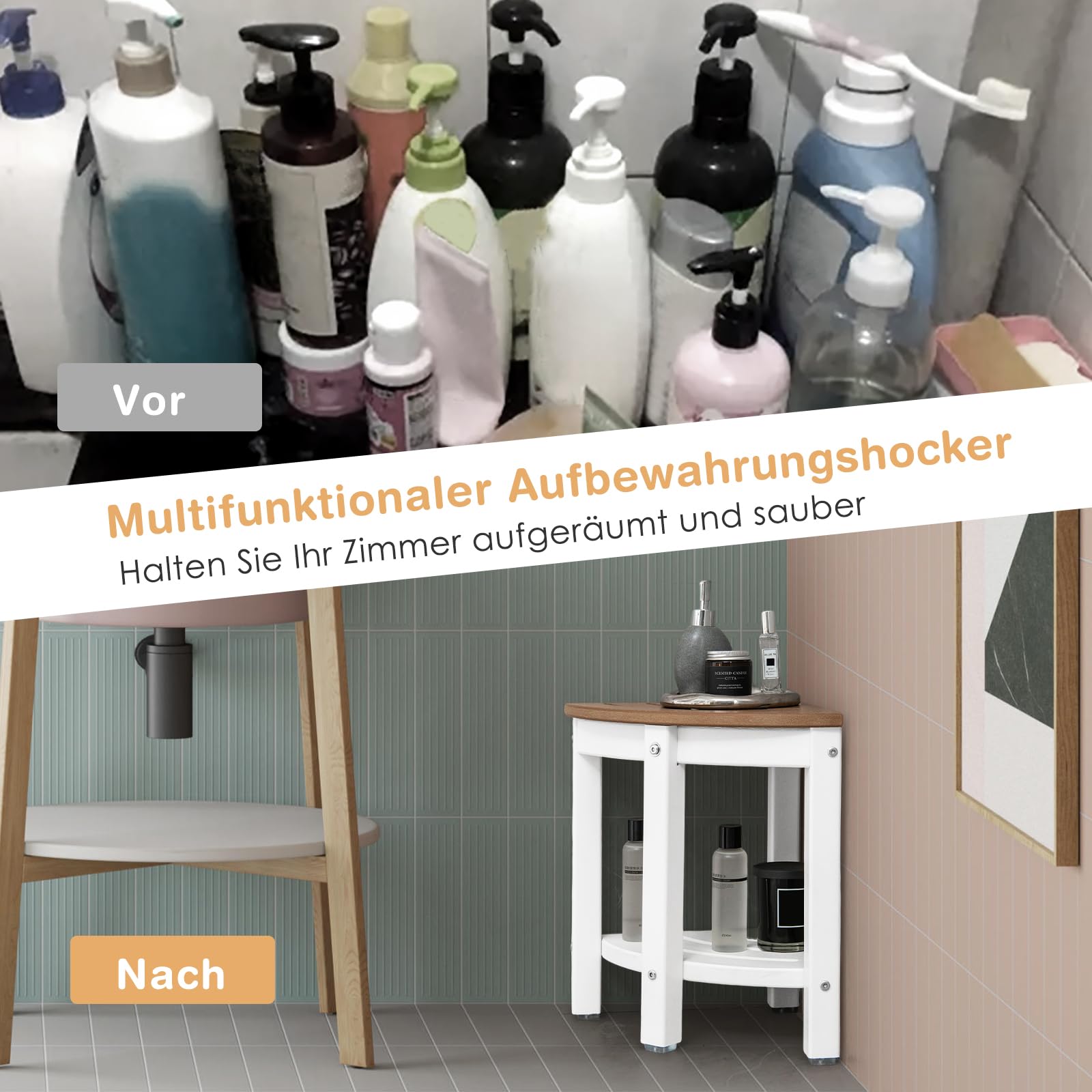 RELAX4LIFE Eck-Duschbank, HDPE-Duschhocker mit Ablage, Badezimmer-Fußstütze für Kleine Räume, Wasserdichter Duschhocker bis 150kg Belastbar, 2-stufiger Organizer für Innendusche, Braun+Weiß