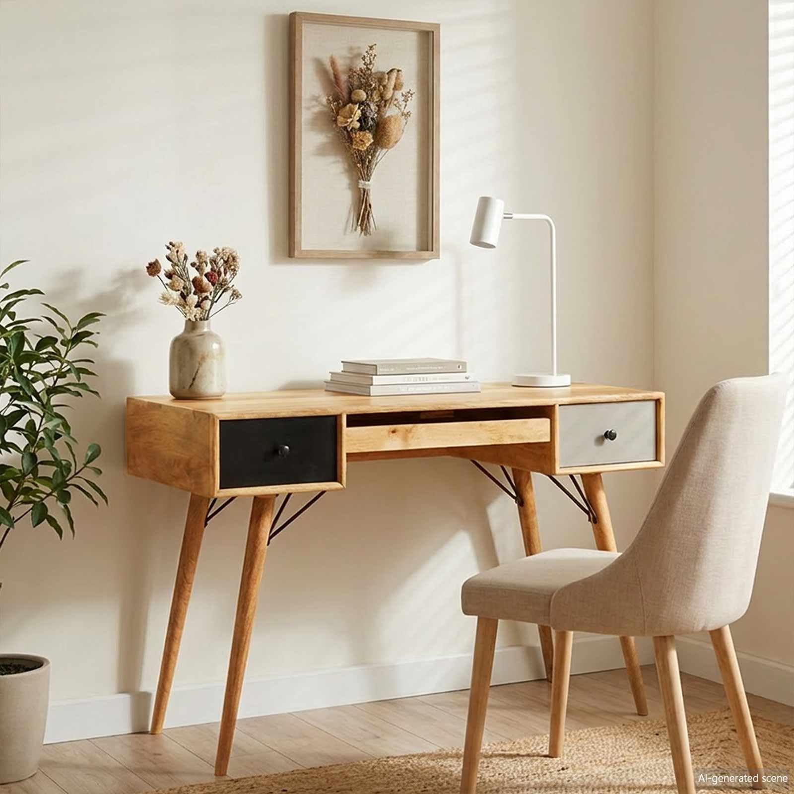 Schreibtisch Braun aus Massivholz Mango 110 x 50 x 76 cm mit 2 Schubladen und Stauraum für Computer, Laptop, Büro, Homeoffice, Lernen und Ordnung