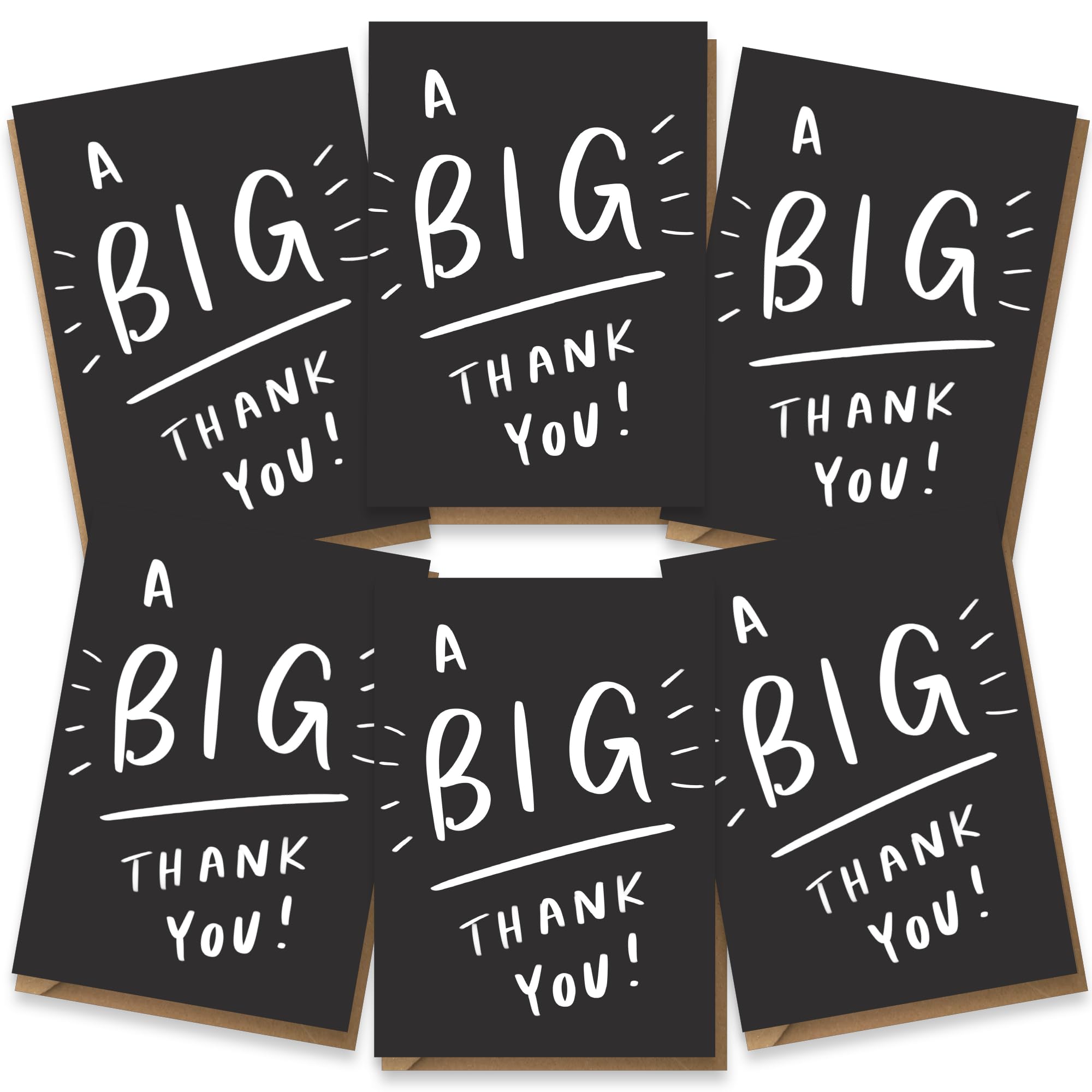 Fun Thank You Multipack Greeting Card - Pack of 6 - Bold Handlettered illustration 'BIG THANK YOU' Design - Luxury Multi-pack of Six Cards, Blank Inside with Premium Envelopes