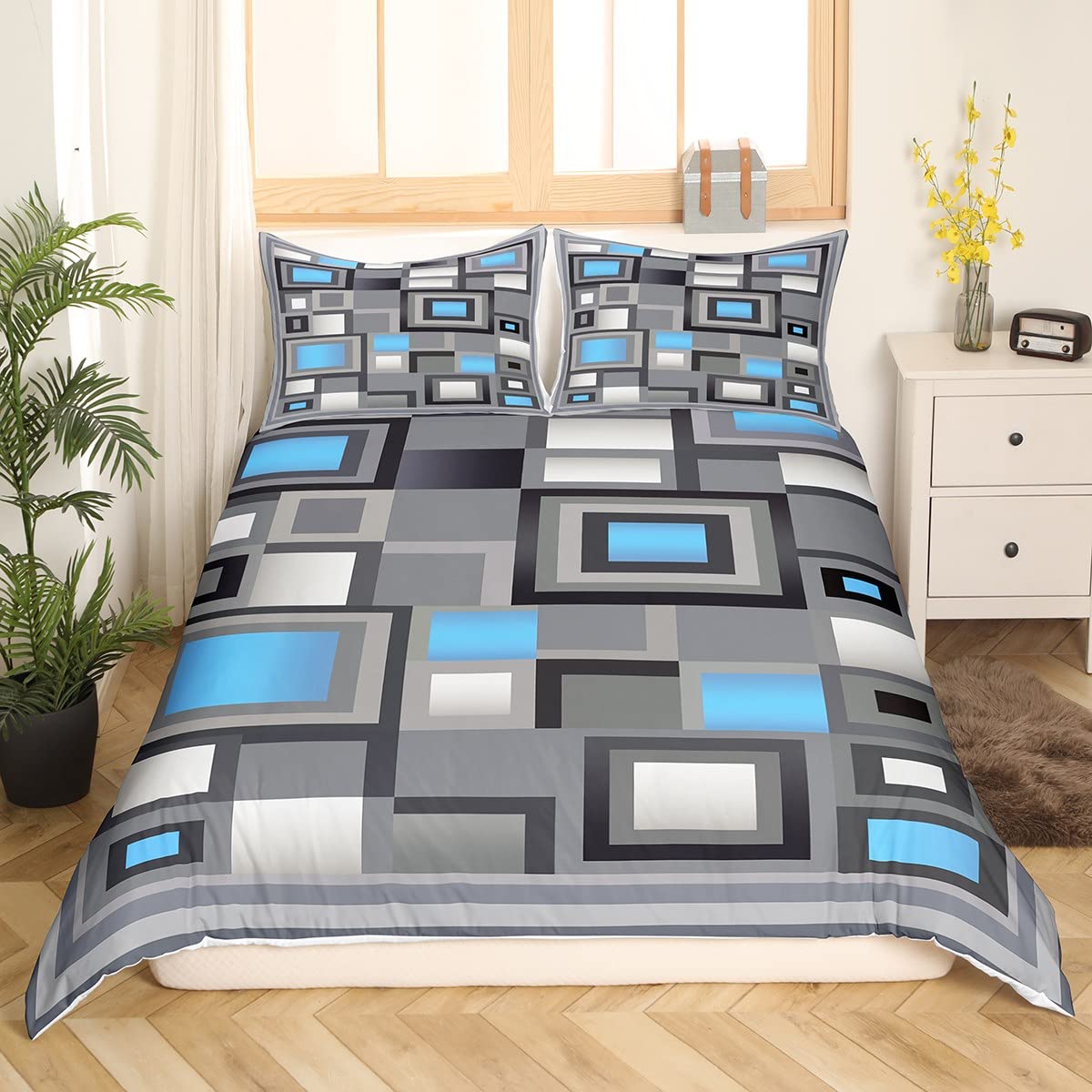 Modern Duvet Cover King Size,Teal White Gray Square Comforter Cover with 2 Pillowcase for Teens Adults,Kids Abstract Grid Art Bedding Set,Geometric Breathable 3 Pcs Decorative Bed Cover - Image 3