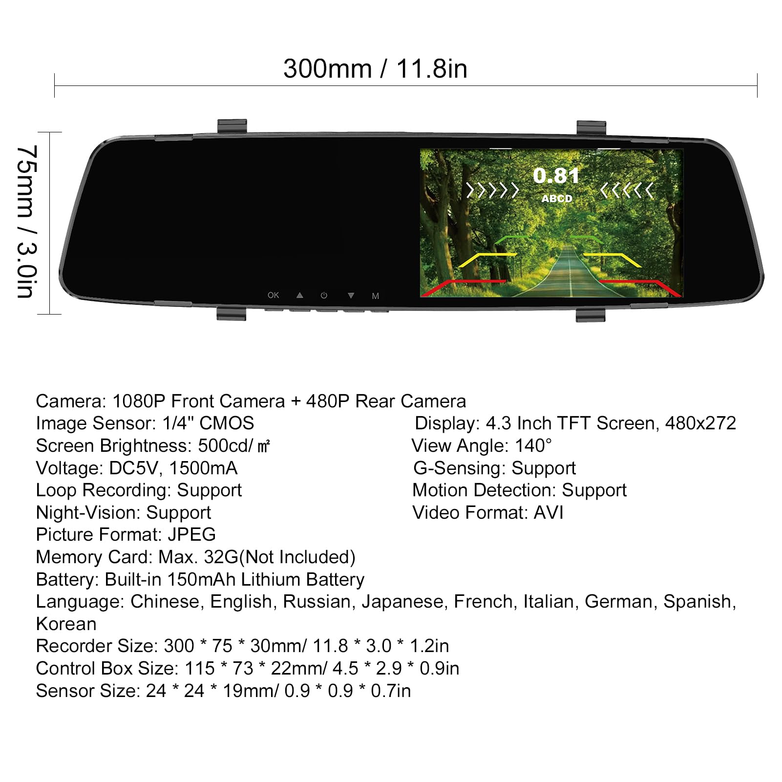 Shkalacar Kamera na desce rozdzielczej DVR 1080P z 4 czujnikami parkowania, podwójna kamera przednia i tylna z noktowizorem, nagrywanie, w pętli i wielojęzyczny system parkowania
