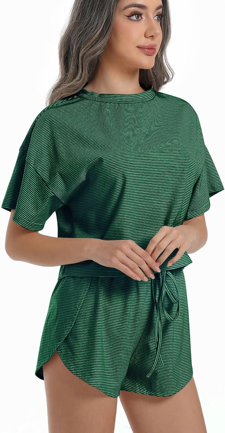 Allmloers Womens Split Short Pajama Set Striped Short Sleeve Crewneck Tee and Side Slit Sleepwear Set 2 Piece Cotton Pjs Set - Image 4