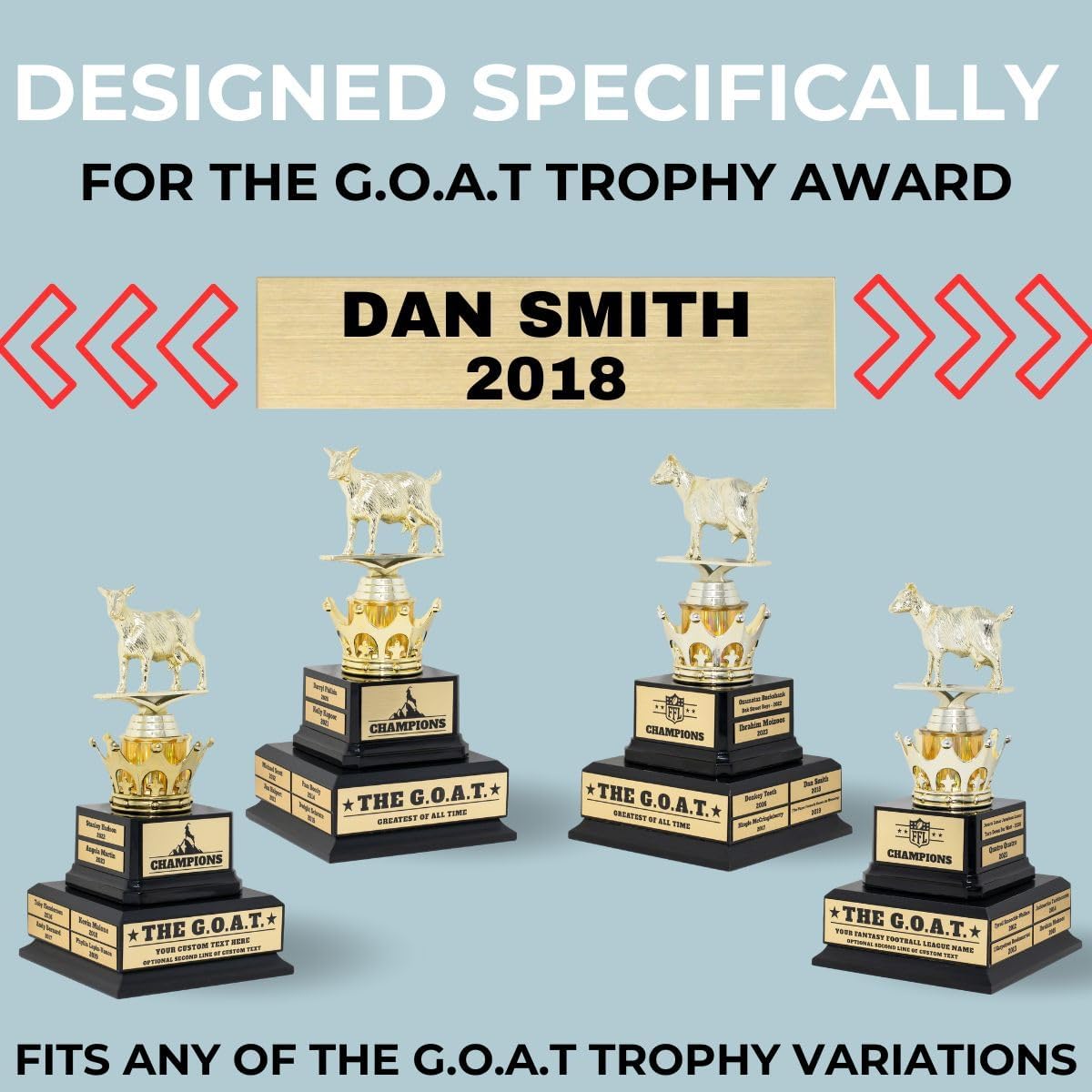 Alpha Awards Large Goat Trophy for Fantasy Football League-G.O.A.T.-Greatest of All Time Funny Trophy-Traveling Perpetual Award-Laser Engraved Plate-Customized Name Plates