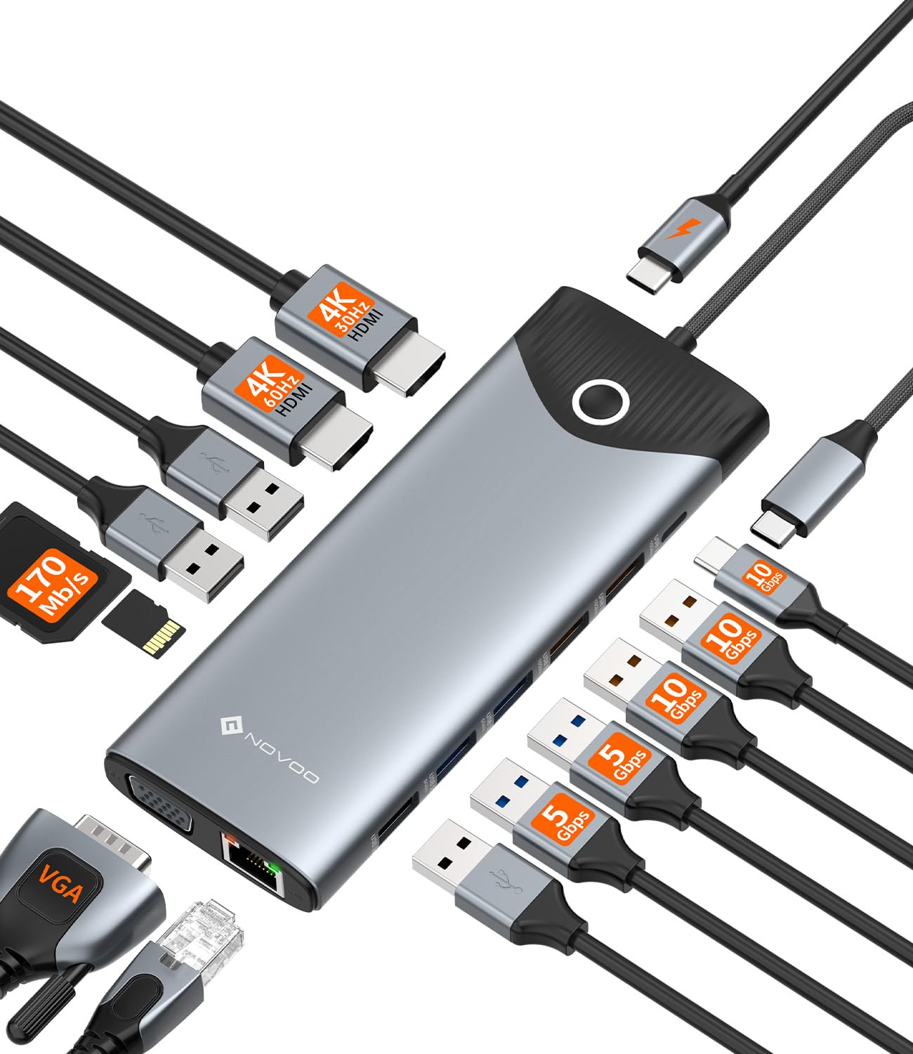 NOVOO Docking station con 3 display 15 in 1, docking station USB-C, pulsante per accensione/spegnimento, HDMI 4K@60Hz, USB-C/A 10Gbps, VGA, 100 PD, SD/TF Multiport Dock per MacBook Pro Air iPad Lenovo