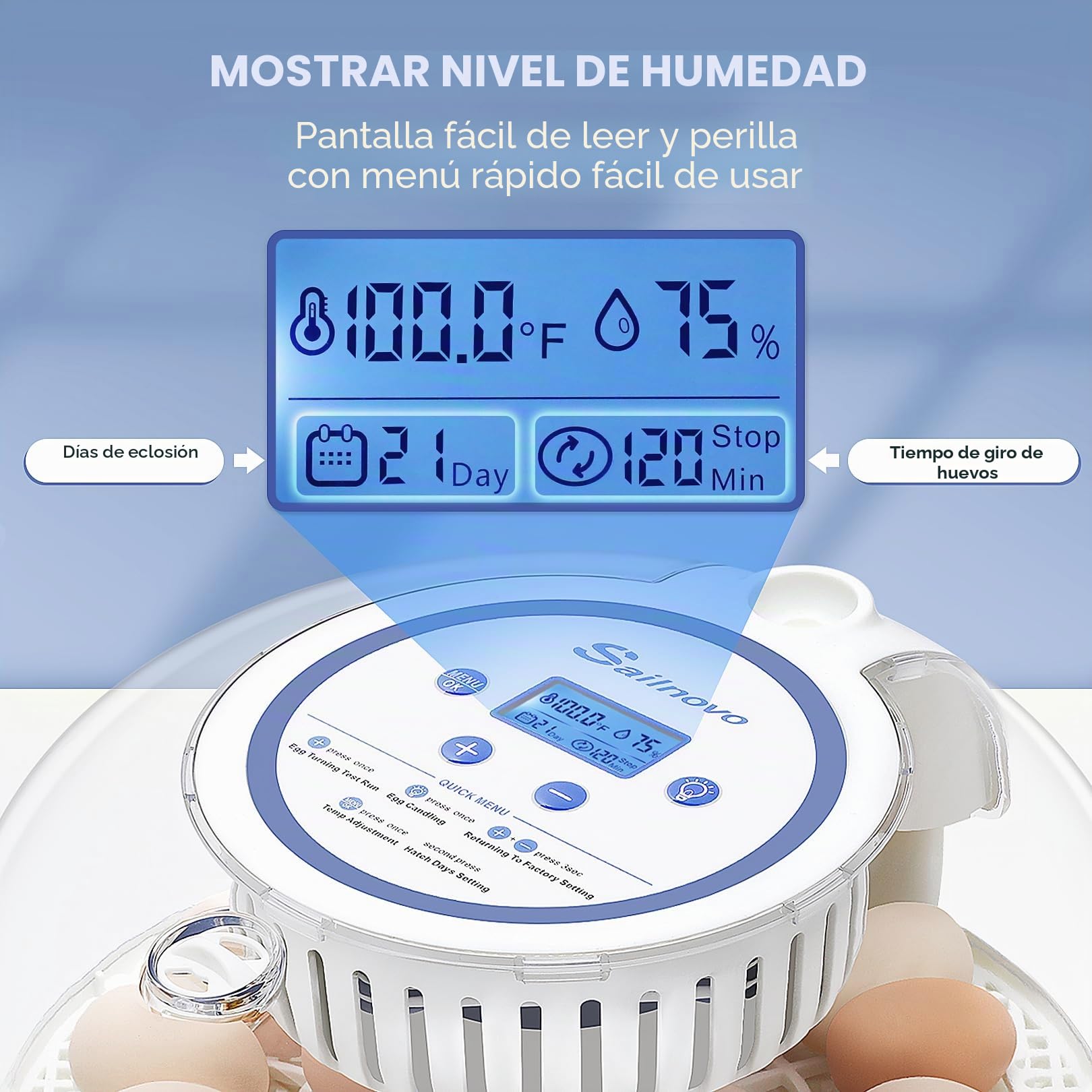 Sailnovo Incubadora Automatica de 18 Huevos Totalmente Automática, Pantalla ℉, Días de Eclosión, Nivel de Humedad, Rotación y Parada Automáticas, Vela de Huevo – Vista de 360° Incubadora