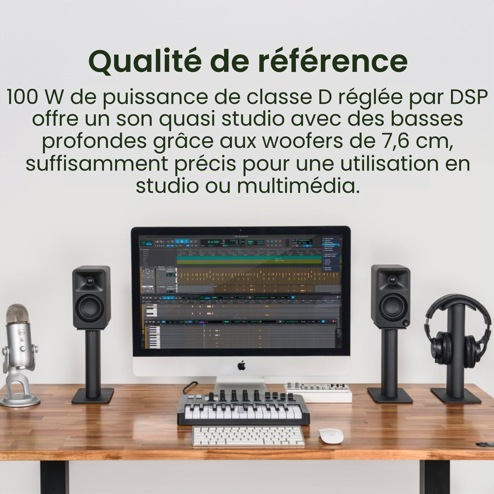 Kanto ORA Haut-parleurs de bureau Bi-amp de référence 100 W avec Bluetooth 5.0 et USB-C - Crossover 100 Hz - Son de qualité de référence - Paire - Indigo