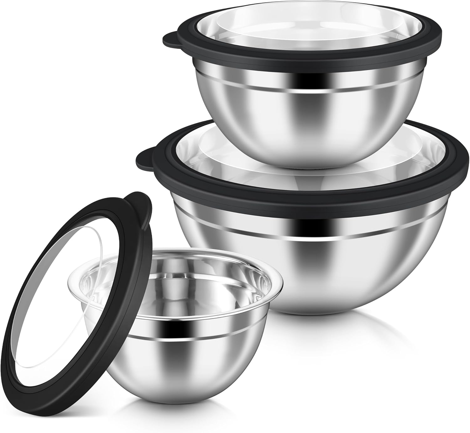 HaWare Mixing Bowls with Airtight Clear Lids, 6-Piece Stainless Steel Strong Nesting Bowls Set, Metal Salad Bowl for Cooking, Prepping, Baking, Serving & Food Storage, Size 4.6, 3, 1.5QT, Black - Thumbnail 3