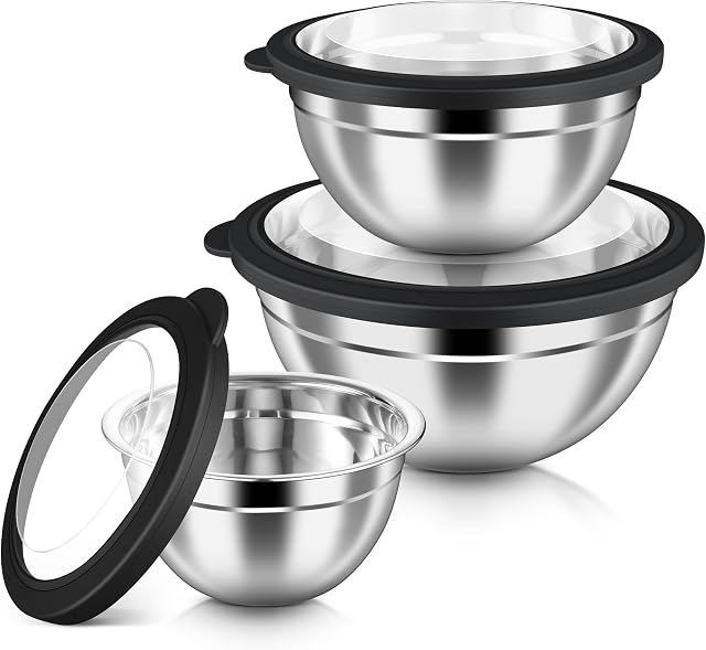 HaWare Mélanger des bols avec des lids transparents hermétiques, 6-Piece Ensemble de bols de nidification en acier inoxydable, bol de salade en métal pour la cuisine, la préparation, la cuisson, le service & Stockage des aliments, taille 4.6, 3, 1.5QT, noir