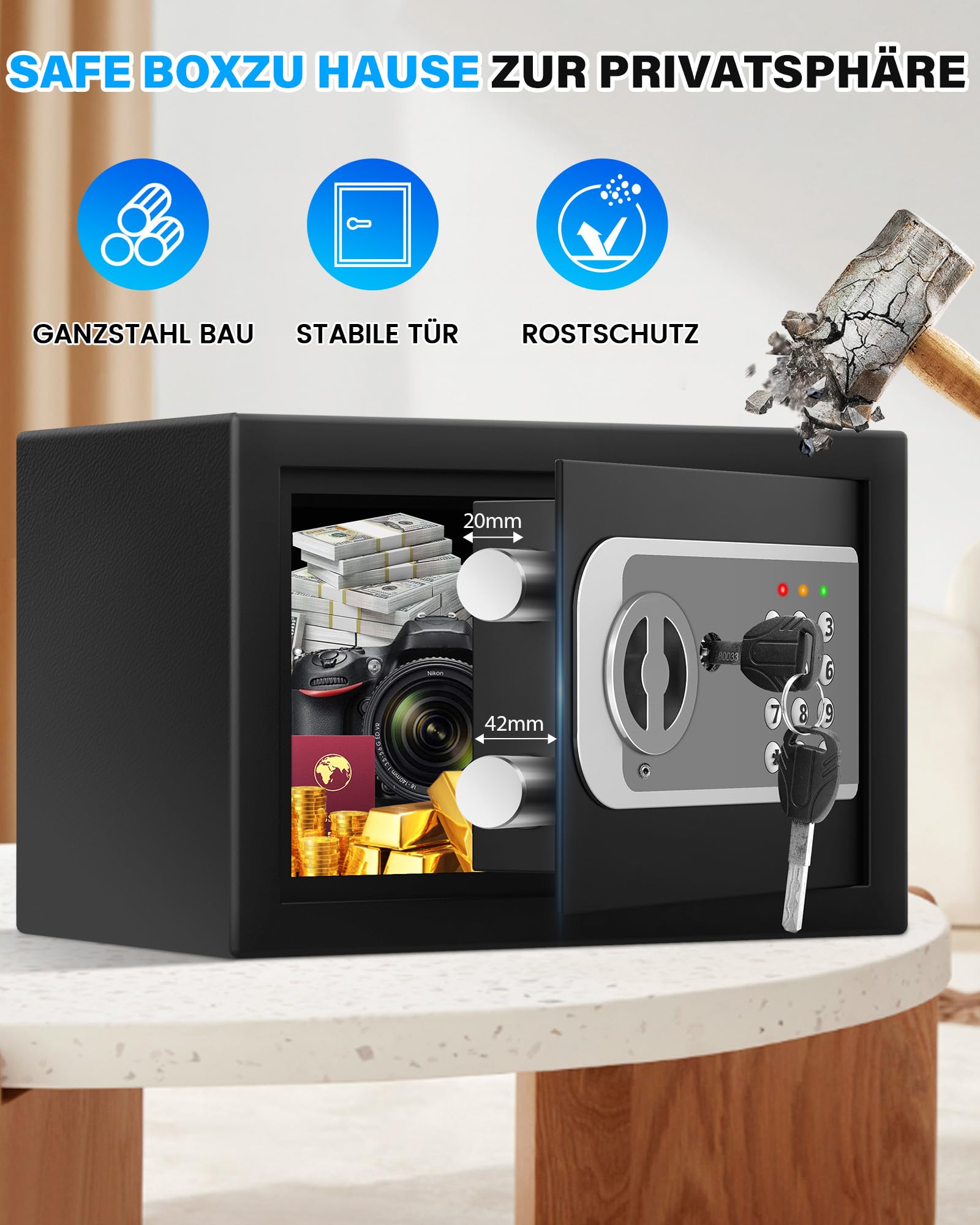 Mini cassaforte per casa, cassaforte digitale con chiave di ricambio, ripiano rimovibile e sistema di allarme, cassaforte da parete con serratura a combinazione per contanti, documenti importanti
