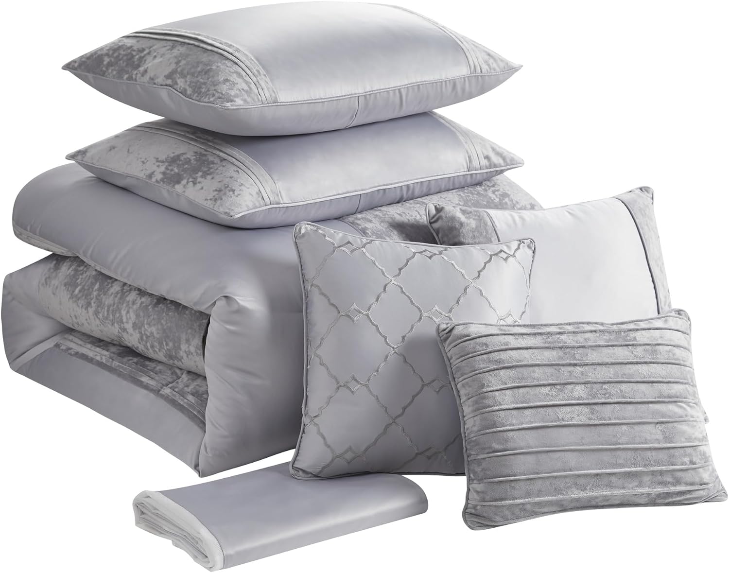 Queen Comforter Set 7 Piece - Ultra-Soft Comforter, 2 Shams, Elegant Bed Skirt, & 3 Decorative Throw Pillows - Luxurious Crushed Velvet Premium Bedding Ensemble for Sophisticated Bedroom Decor, Gray