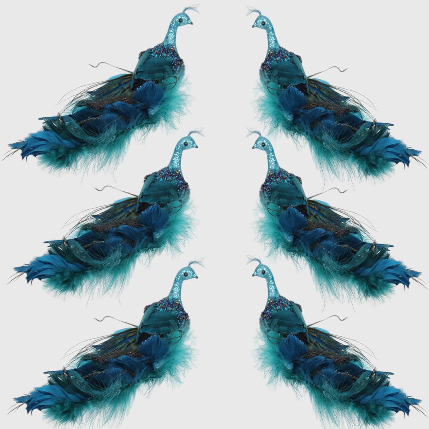 Seasonal 12" Peacock Christmas Ornaments Glittered Bird Clip-On Christmas Ornament Peacock Turquoise, Peacock Christmas Decorations, 6 Pack
