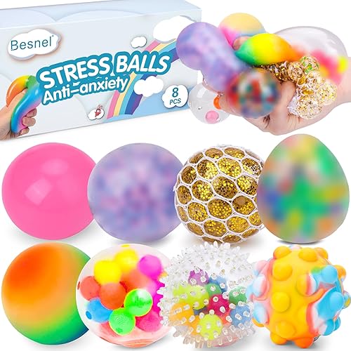 Stress Balls Set, Squishy Stress Ball, 8 Pack Stress Relief Ball for Adults, Squeeze Ball for Anxiety and Stress Relief - 8pcs Stress Balls