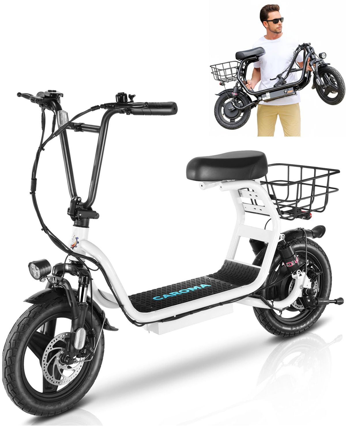 Sponsored Ad - Caroma Electric Scooter for Adults with Seat, 800/1200W Motor, Max 30Miles Ranges&20Mph, 14" Fat Tire Foldable E-Scooter with Carry Basket, Dual Braking Dual Suspension, 300lbs Max Load