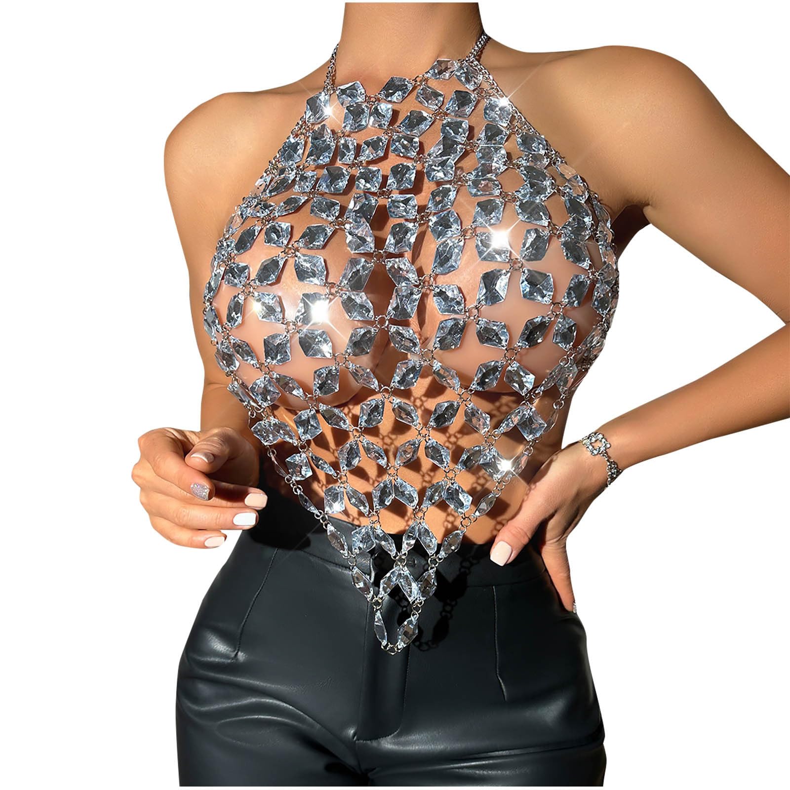 HGps8w Sexy Gemstones Splicing Halter Tops for Women See Throught Sparkle Crystal Rhinestone Club Party Rave Crop Vest