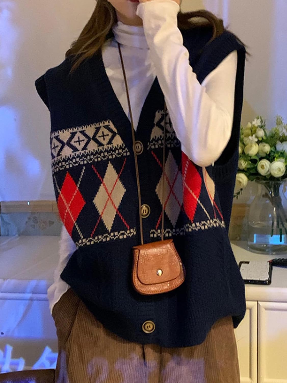 [FDGFJ] ニットベスト Vネック レディース 前開き 春秋冬 カジュアル かわいい 通勤 体型カバー 格子柄 トップス ボタン