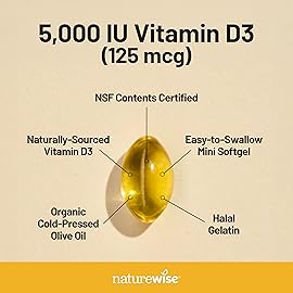 NatureWise Vitamin D3 5000iu (125 mcg) 200-Day Supply for Immune Support, Healthy Muscle Function, and Bone Health - Non-GMO, Gluten Free in Organic Extra Virgin Olive Oil, (Mini Softgel), 200 Count