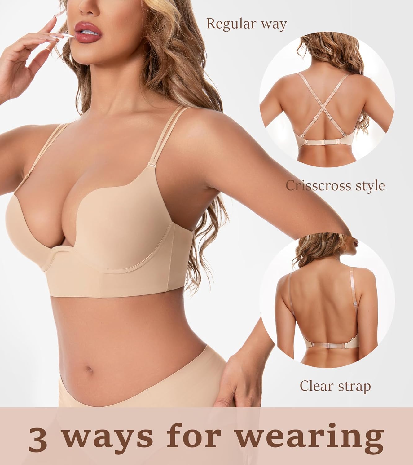 HACI Backless Bra Plunge U Neckline Deep V Push Up Padded Low Cut for Support - Image 3