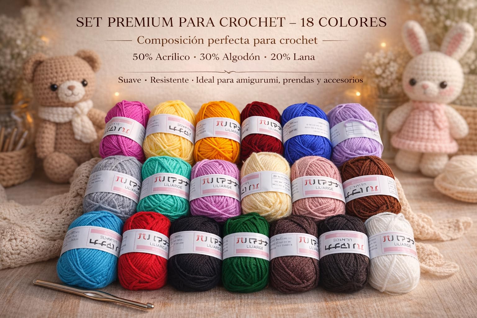 Ganchillos Crochet Kit Principiantes 105 Piezas- Manualidades Adultos Ganchillo Kit Crochet Principiantes Premium- Incluye 18 Ovillos de Lanas, Agujas Crochet, Marcadores, Hilo Crochet, Tijeras...