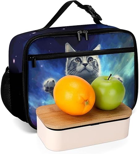 Miniatura 6 de Lonchera reutilizable con diseño de gato de cielo estrellado, bolsa térmica con aislamiento, lonchera para comida y alimentos, bolsa de mano para