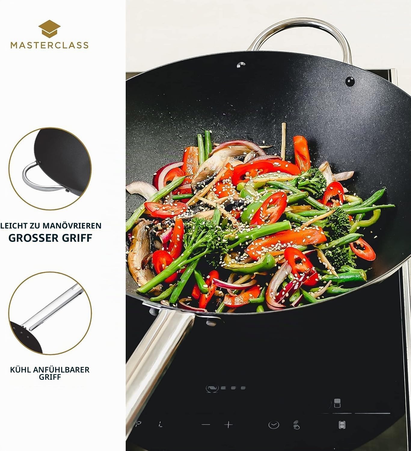 Master Class Wok Carbon, antihaftversiegelt, Karbonstahl, Wokpfanne 8 Liter, 35,5 cm (14''), schwarz