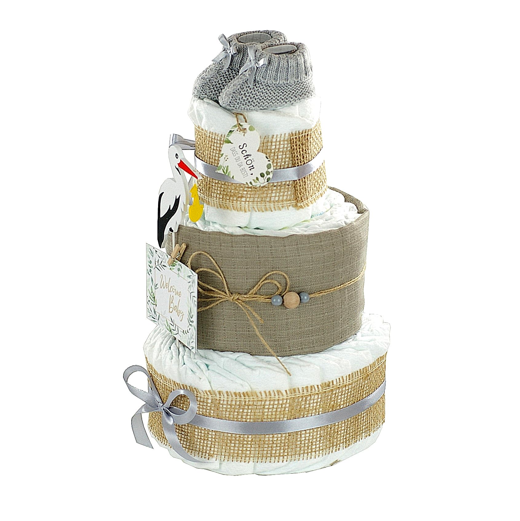 Gâteau de couches 3 étages Cigogne avec bottines bébé et couche en mousseline gris