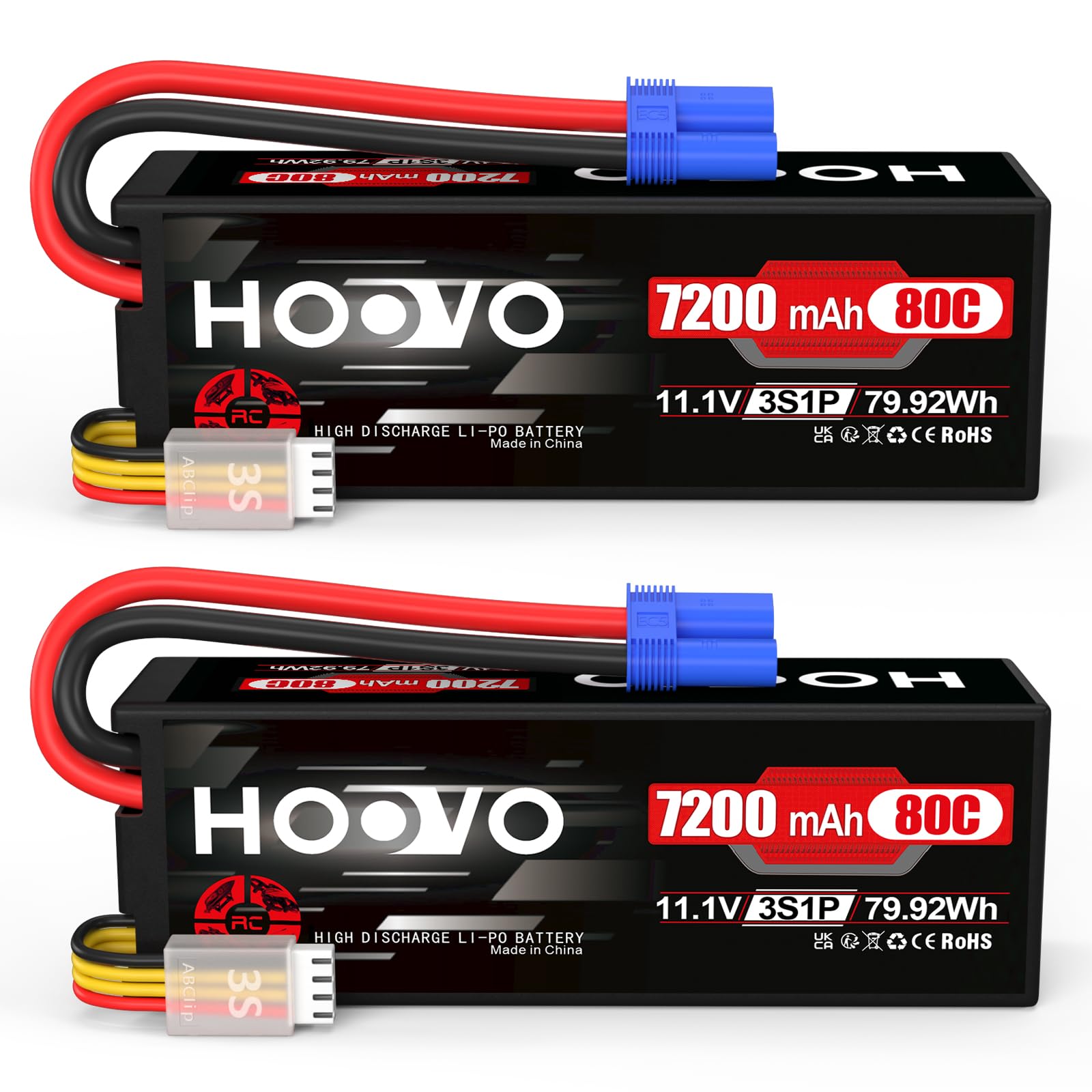 HOOVO 11.1 V Lipo Battery 3S 7200 mAh 80C Hard Case RC Battery Batteries with EC5 Connector Plug for RC 1/8 1/10 Scale Vehicles Car Trucks Boats Hobby (2 packs)
