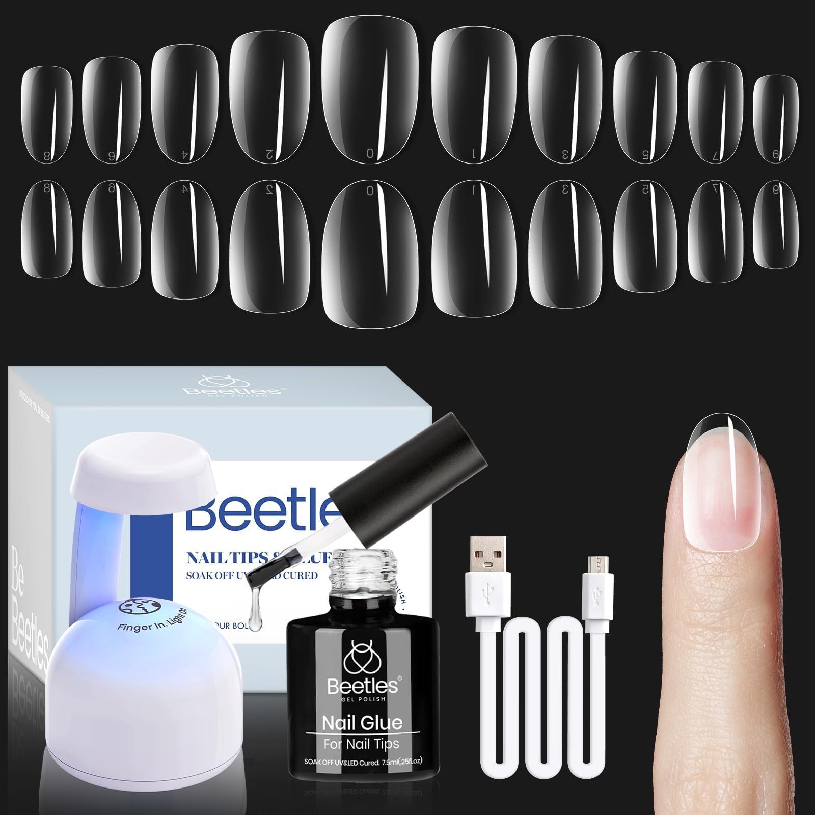 Beetles Gel Nail Kit Easy Nail Extension Set Etch X Nail Tips 500Pcs Clear Short Oval Nail Tips 5 in 1 Multipurpose Glue Gel Base Uv Led Nail Lamp DIY Manicure Art