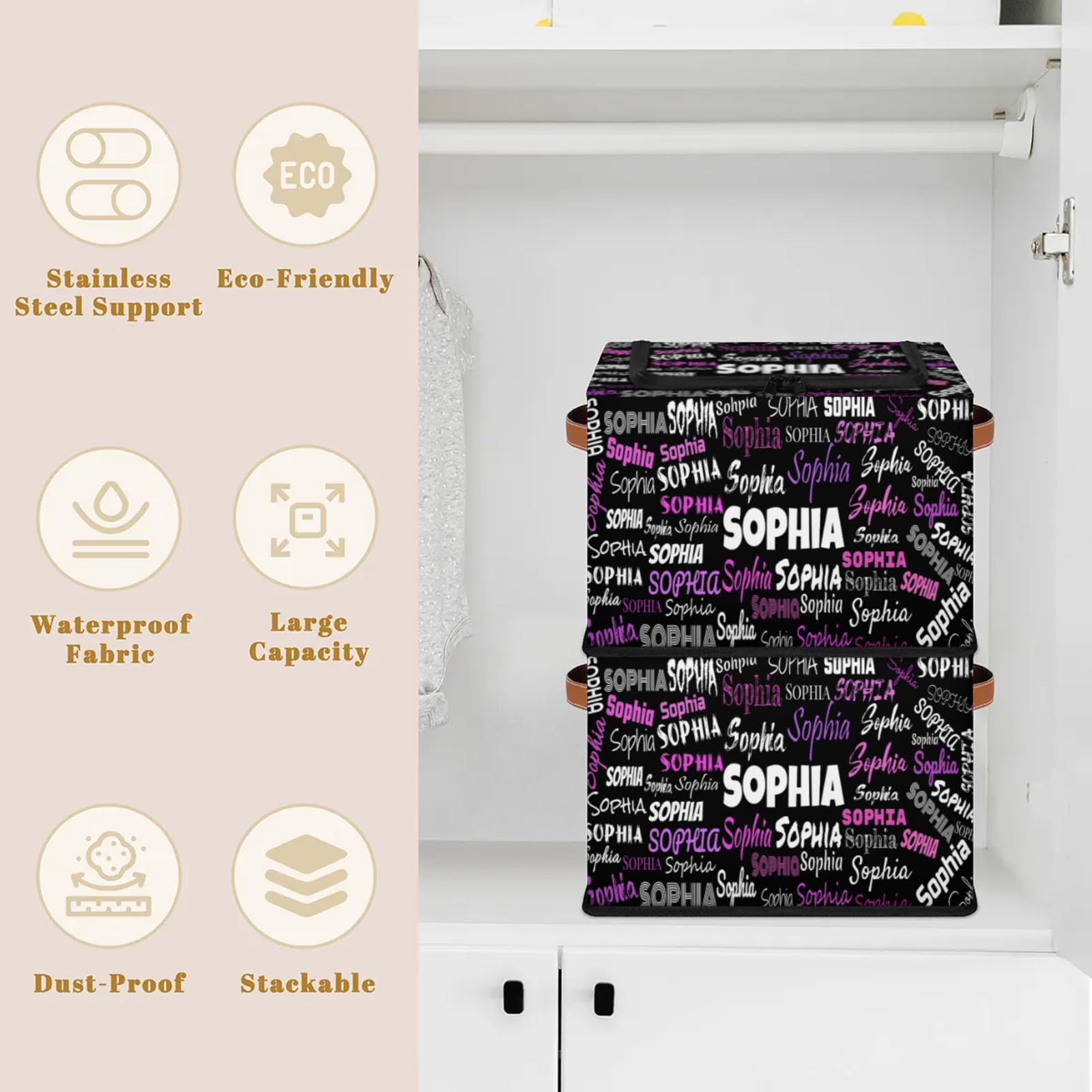 KFNHN Personalized Foldable Storage Basket with Name, Black with Colorful Names Zipper Lid Laundry Hamper Dirty Clothes Pet Toys Storage Bin with Handles for Shelf Home Closet Kitchen