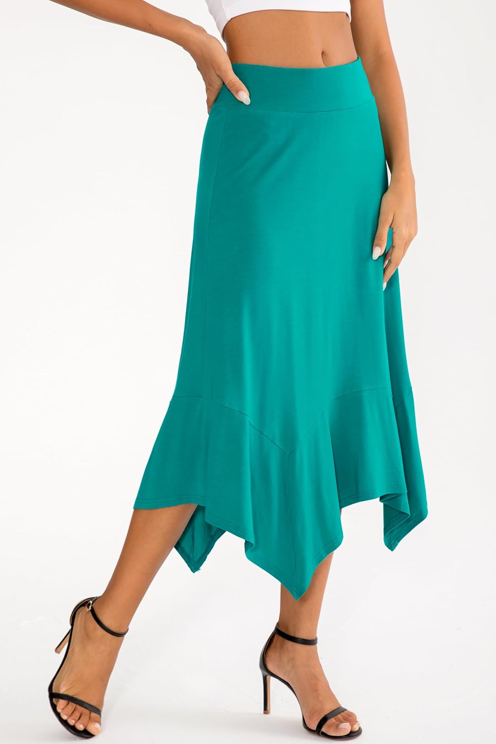 DJT Women's Skirts Stretchy Waist A Line Handkerchief Hem Flowy Flared Casual Midi Skirt - Image 4